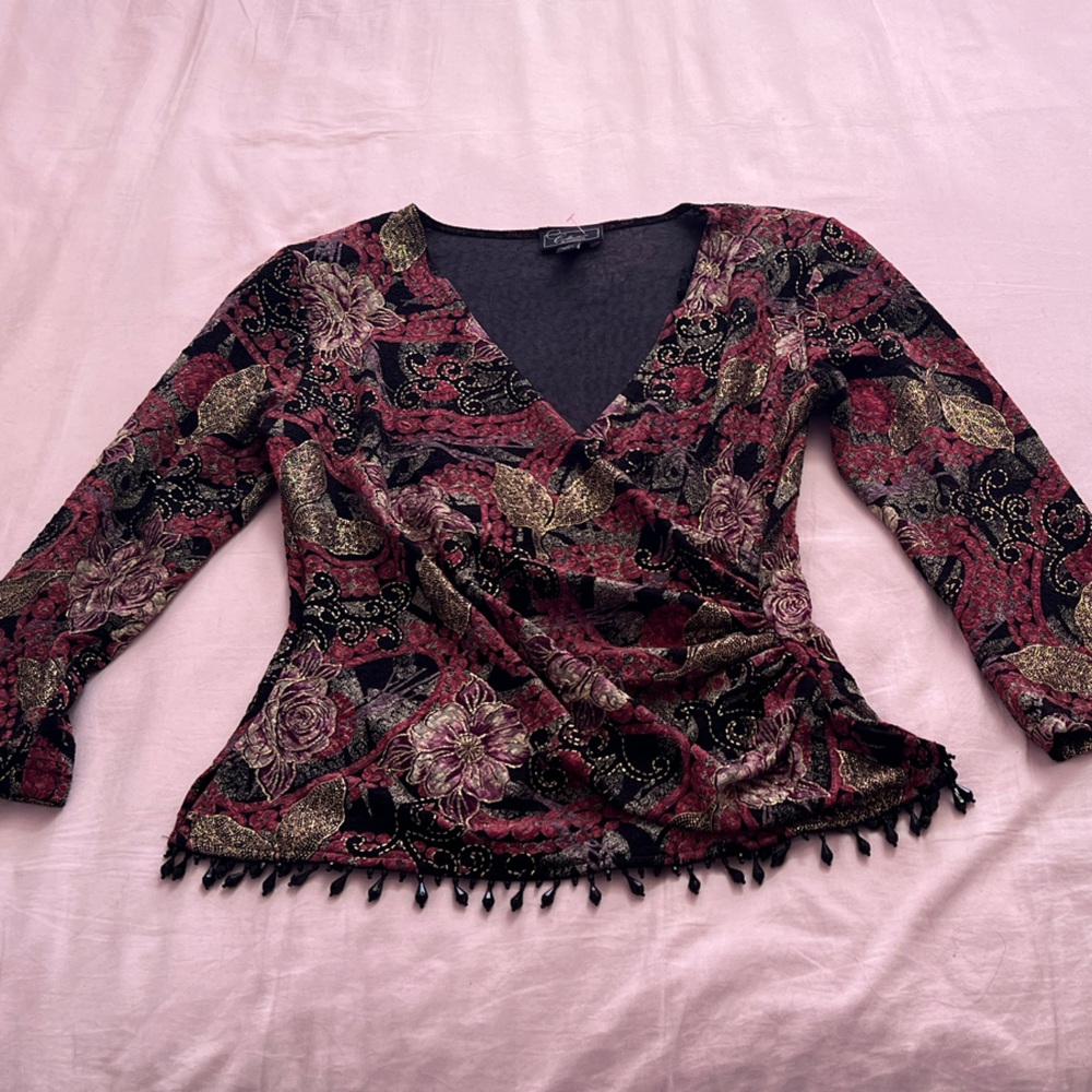 Dressbarn Burgundy, Gold and Black Floral Whimsigoth Beaded Blouse